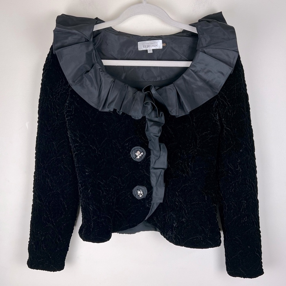 rickie freeman for Teri Jon Festive Quilted Velvet Satin Ruffle Black Top | 4